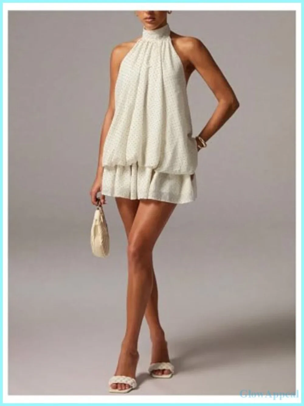 Polka Dots Halter Neck Mini Dress Layered Ruffle Sleeveless